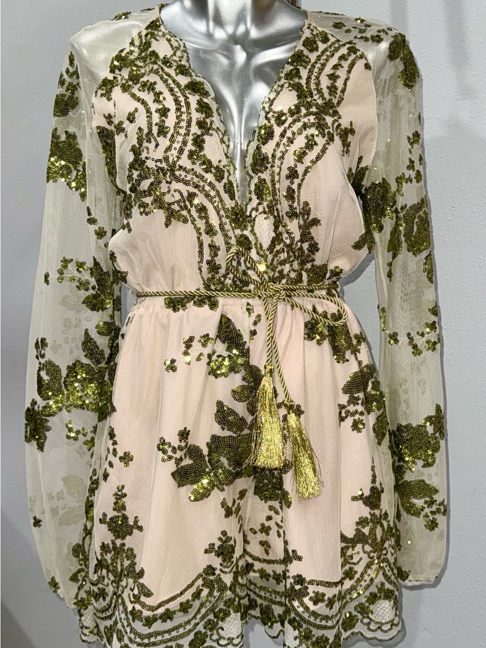 Beaded Cream and Olive Green Long Sleeve Mini Dress